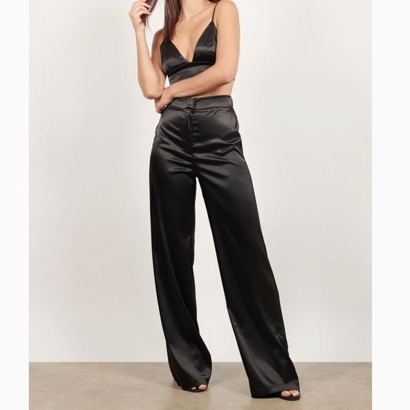 Black High Waisted Palazzo Wide Leg Pants Satin MD - Picture 1 of 8